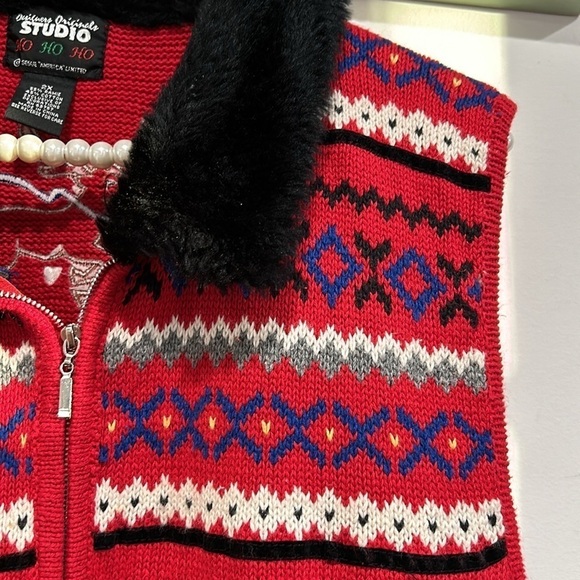 Holiday vintage woven reindeer faux fur collar sweater vest zip up plus size 2X - Picture 3 of 6